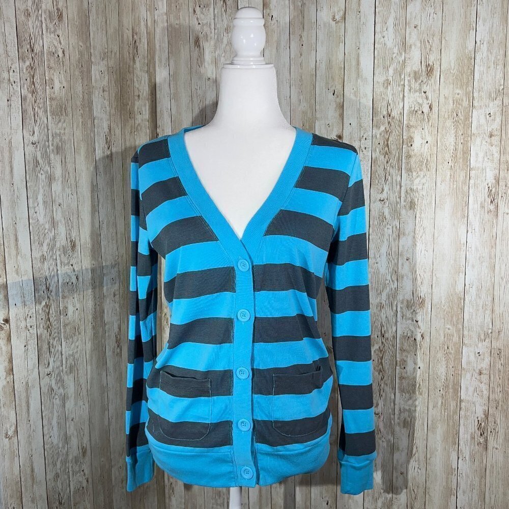 Women's Lilu Long Sleeve Cardigan | Blue & Gray | Button Up | V-Neck | Small